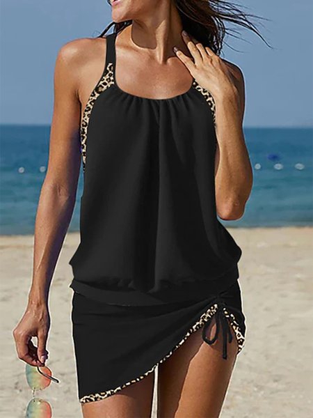 

Casual Leopard Printing Scoop Neck Swim Dress, Black, swimwear>>Tankinis