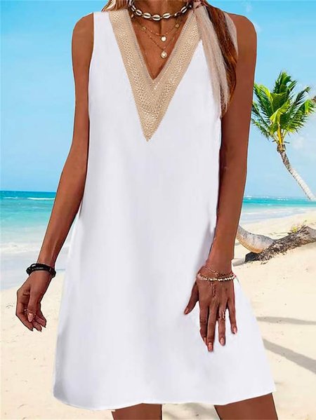 

Casual Lace Loose V Neck Dress, White, Mini Dresses