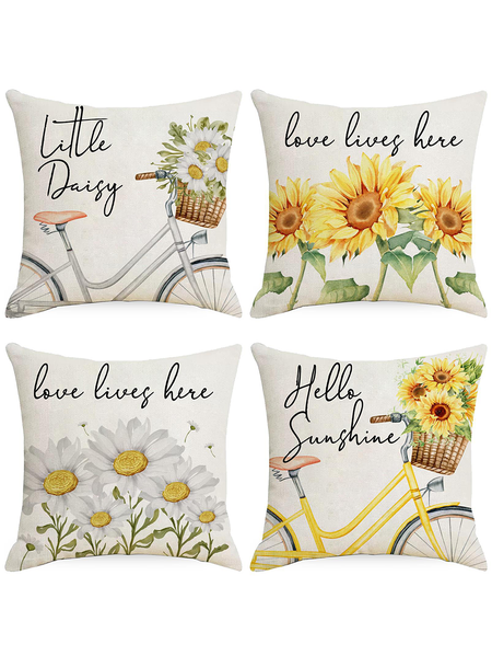 

18x18 Set of 4 Cushion Pillow Covers, Love Lives Here Text Letters Sunflower Throw Pillow Covers, As picture, Pillow Covers