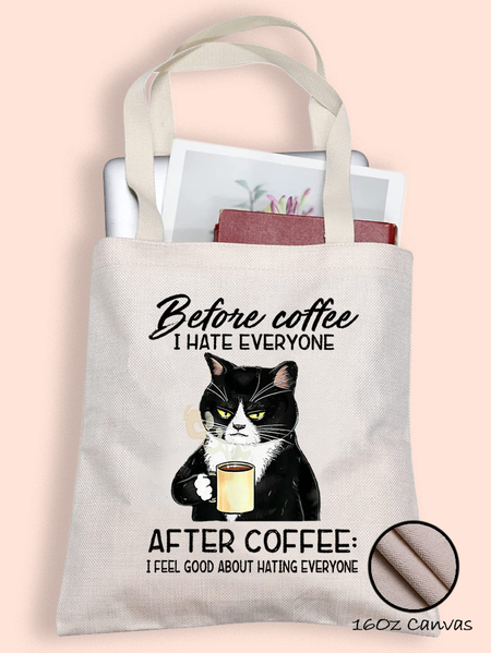 

Women's Before Coffee I Hate Everyone After Coffee Black Cat Drink Letters Shopping Tote, White, Bags