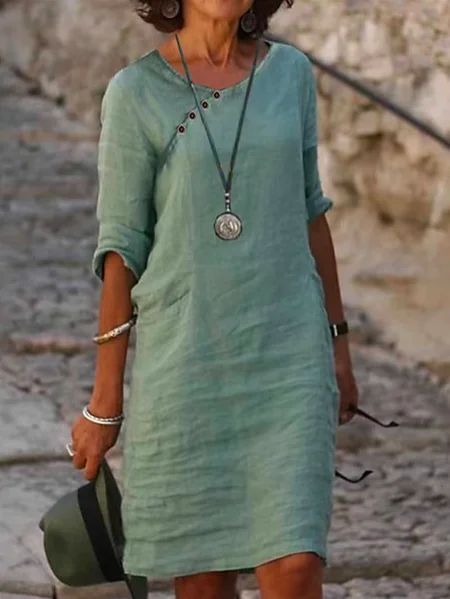 

Loose Linen Crew Neck Casual Dress, Green, Dresses