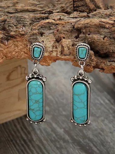 

Vintage Turquoise Geometric Metal Earrings Ethnic Style Casual Women's Jewelry, Blue, Earrings