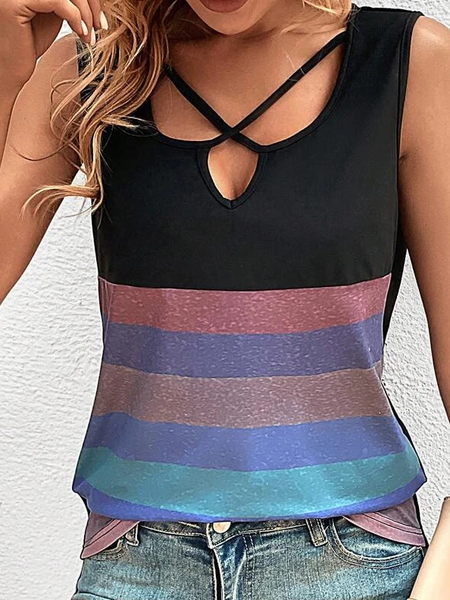 

Casual Square Neck Loose Geometric Cami, Black, Tanks & Camis