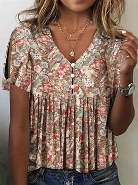 

Casual Loose Floral V Neck Shirt, Khaki, Shirts & Blouses