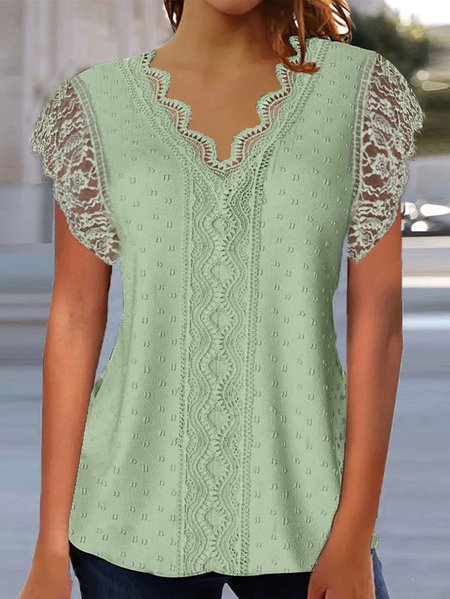 

Lace Plain Simple V Neck Shirt, Green, Shirts & Blouses