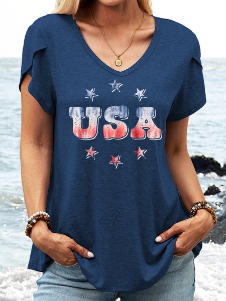 

Women's USA Patriotic Neck Casual Letters T-Shirt, Blue, T-shirts