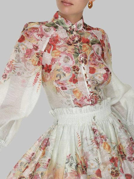 

Regular Fit Floral Elegant Stand Collar Blouse, White, Blouses and Shirts
