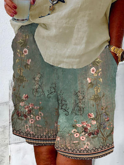 

elastic waist boho floral print shorts with pockets, Green, Shorts