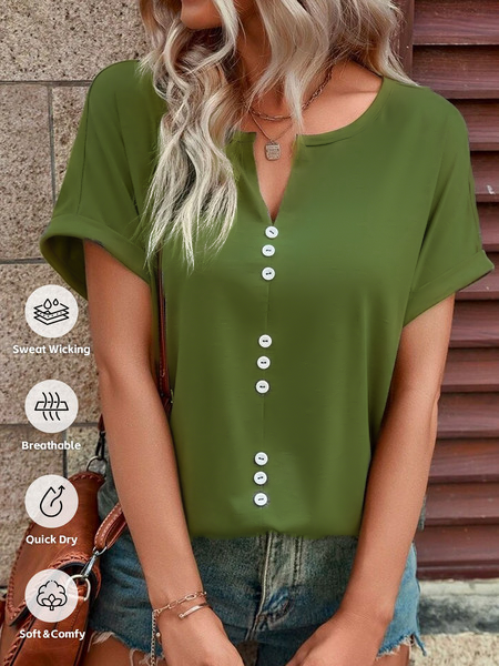 

Buttoned Loose V Neck Casual Notched Neck Batwing Sleeve T-Shirt, Green, T-Shirts