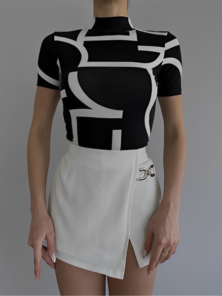 

Abstract Half Turtleneck Tight Urban T-Shirt, Black-white, Tees