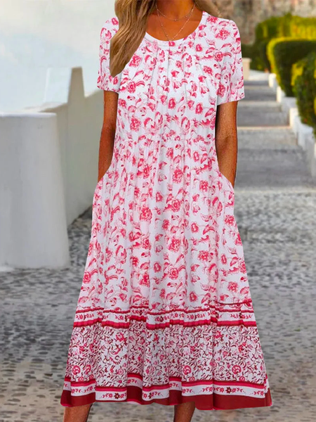 

Loose Floral Vacation Crew Neck Dress, Pink, Dresses
