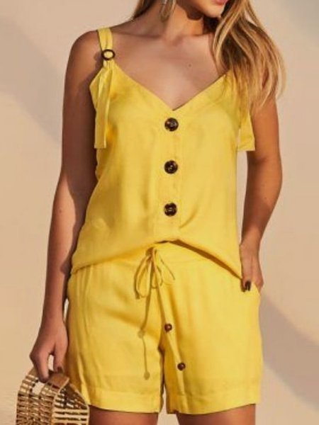 

Plain Loose Buttoned Two-Piece Set, Yellow, Suit Set