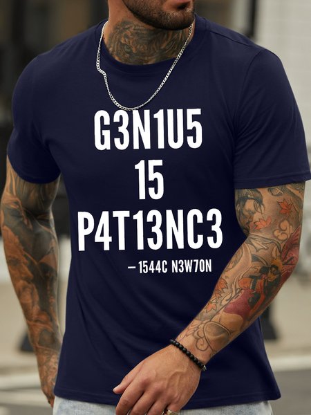 

Men's Genius Is Patience Funny Graphic Printing Casual Text Letters Crew Neck Cotton T-Shirt, Purplish blue, T-shirts