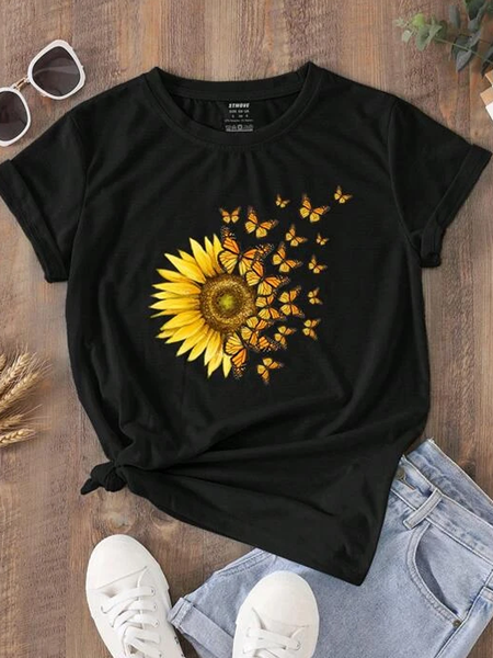 

Sunflower And Butterfly Print Tee, Black, T-Shirts