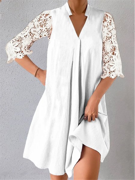 

Lace Paneled V-Neck Loose Dress, White, Dresses