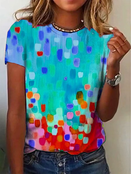 

Crew Neck Casual Ombre Loose Rainbow Dot Short Sleeve T-Shirt, Blue, T-shirts