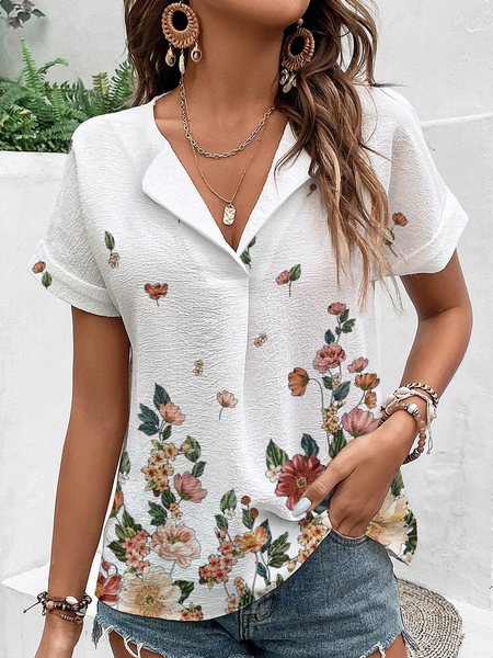 

Loose Shawl Collar Floral Casual Shirt, White, Shirts & Blouses