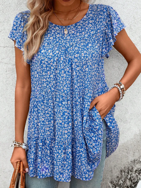 

Floral Crew Neck Casual Loose Shirt, Blue, Shirts & Blouses