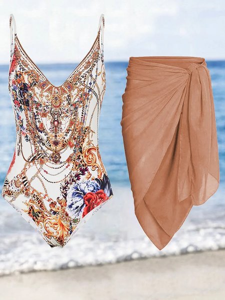 

Vacation Abstract Printing V Neck One Piece With Cover Up, Apricot, swimwear>>One-Pieces