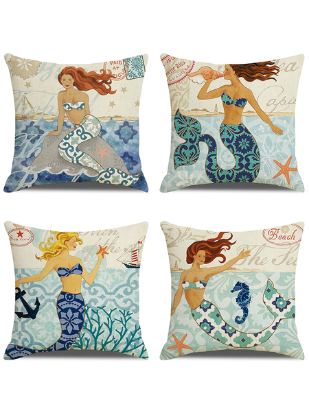 

18x18 Set of 4 Cushion Pillow Covers, Mermaid Pattern Gift Backrest Decorations For Home, As picture, Pillow Covers