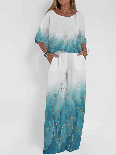 

Crew Neck Loose Casual Two-Piece Set, Blue, Suit Set