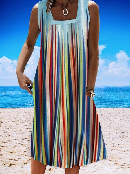 

Casual Square Neck Ombre Stirped Loose Dress, Blue, Dresses