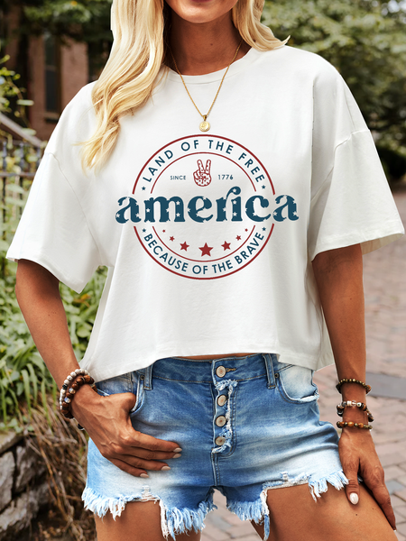 

Women's America Land Of The Free Because Of The Brave Cotton Loose Casual T-Shirt, White, T-shirts