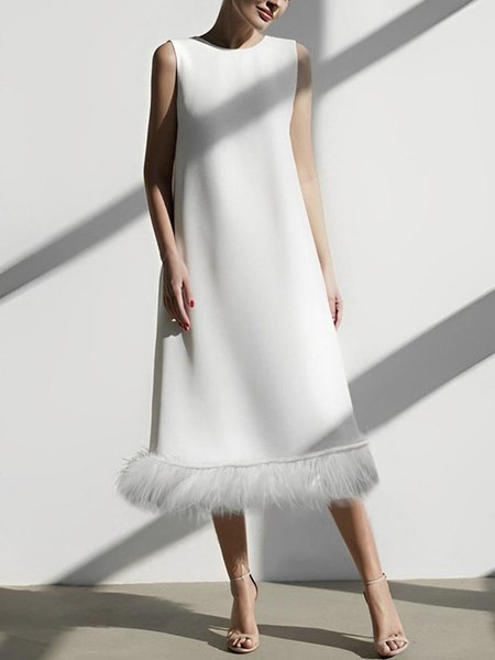 

Plus Size Plain Crew Neck Loose Elegant Dress, White, Plus Dresses