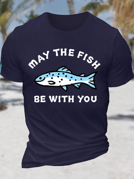 

Men's May The Fish Be With You Funny Fishing Graphic Printing Cotton Casual Text Letters Crew Neck T-Shirt, Purplish blue, T-shirts