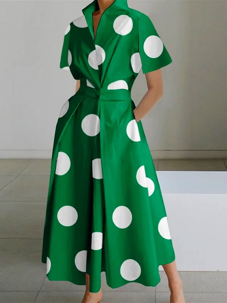 

Polka Dots Shirt Collar Regular Fit Urban Dress, Green, Midi Dresses