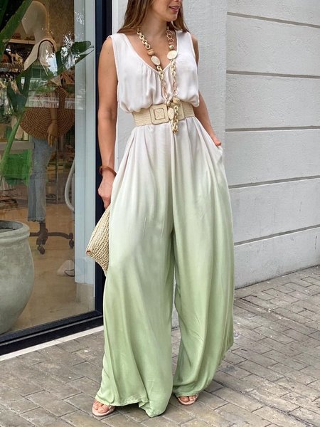 

Vacation V Neck Sleeveless Jumpsuit With No Belt, Green, Jumpsuits