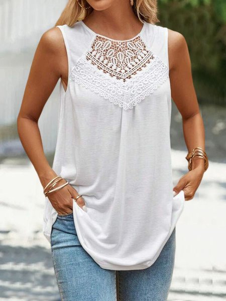 

Lace Panel Round Neck Loose Vest, White, Tanks & Camis