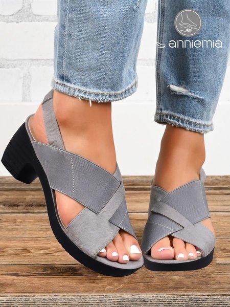 

Gray Elastic Cross Stripes Block Heel Sandals, Sandals