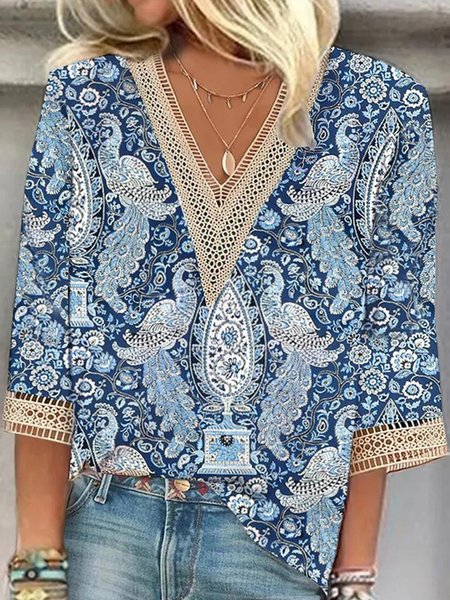 

V Neck Ethnic Loose Paisley T-Shirt, Blue, T-Shirts