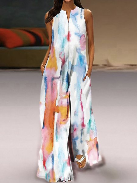 Gradient Pattern Notched Casual Jumpsuit, As picture, Jumpsuits