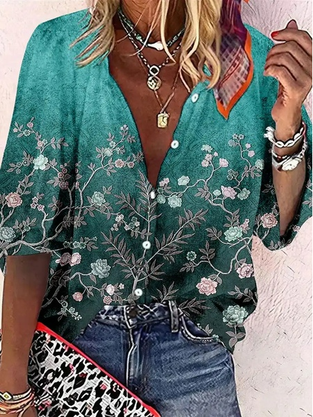 

Buckle Floral V Neck Casual Blouse, Green, Shirts & Blouses