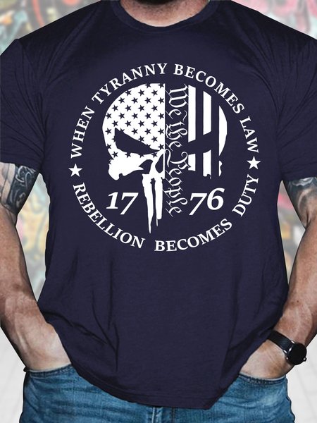 

Men's When Tyranny Becomes Law Rebellion Becomes Duty 1776 American Independence Day Funny Skull America Flag Graphic Printing Casual Crew Neck Loose Cotton T-Shirt, Purplish blue, T-shirts