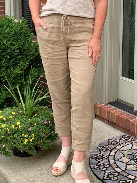

Cotton Loose Drawstring Plain Pants, Khaki, Pants