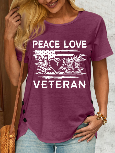 

Women's Peace Love Veteran Cotton-Blend Casual Flag T-Shirt, Wine red, T-shirts