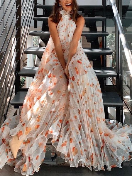 

Vacation Halter Loose Floral Maxi Dress With No Belt, Orange, Maxi Dresses