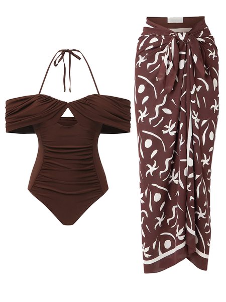 

Vacation Abstract Printing Boat Neck One Piece With Cover Up, Deep brown, Swimsuit with Coverups
