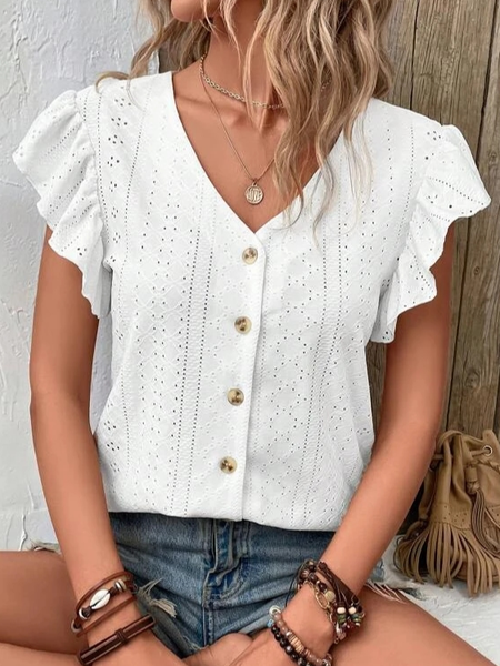 

Eyelet Embroidery Butterfly Sleeve Button Blouse, White, Shirts & Blouses