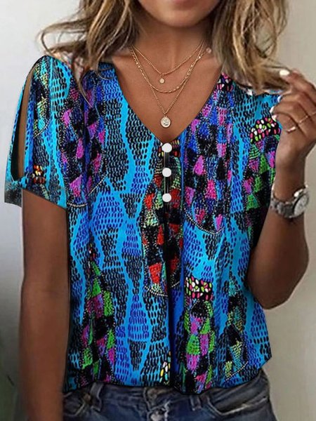 

Buckle Knitted Casual V Neck T-Shirt, Blue, T-Shirts