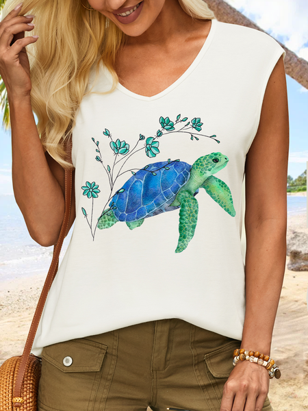 

Women's Cute Sea Turtle Simple Cotton-Blend V Neck Tank Top, White, Tank Tops