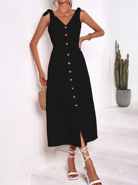 

Plain Simple Buckle V Neck Dress, Black, Dresses