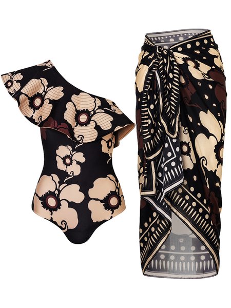 

Vacation Floral Printing One Shoulder One Piece With Cover Up, Black, Swimsuit with Coverups