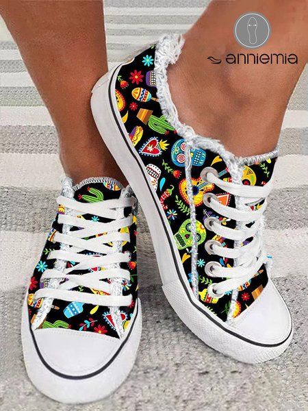 

Music Festival Graphic Print Raw Hem Canvas Shoes, Multicolor, Sneakers