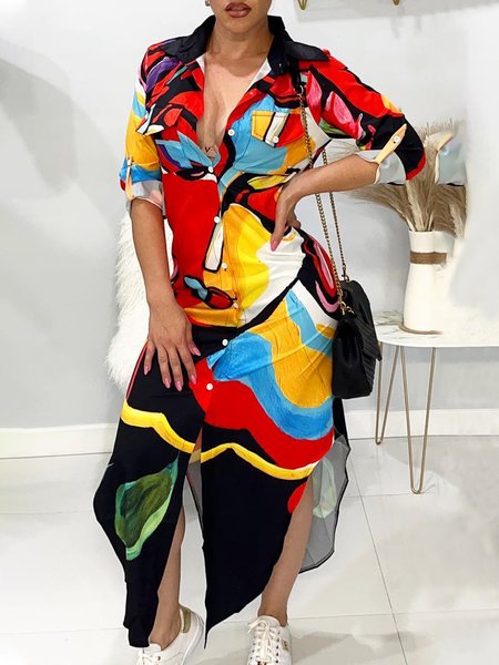 

Shirt Collar Abstract Regular Fit Casual Midi Dress With No Belt, As picture, Midi Dresses