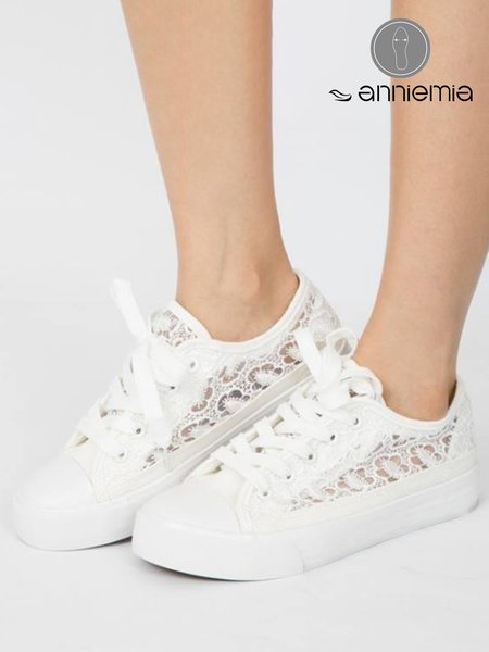 

White Elegant Lace Breathable Massage Sneakers, Sneakers