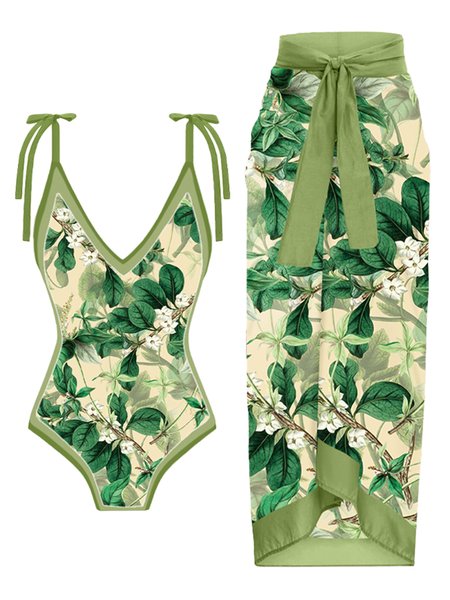 

Vacation Floral Printing V Neck One Piece With Cover Up, Green, Swimsuit with Coverups